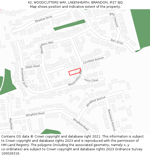 42, WOODCUTTERS WAY, LAKENHEATH, BRANDON, IP27 9JQ: Location map and indicative extent of plot