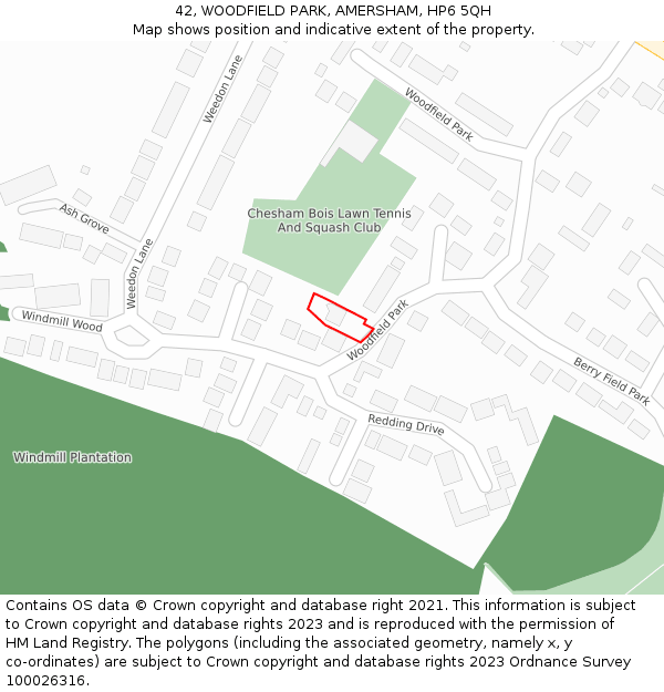 42, WOODFIELD PARK, AMERSHAM, HP6 5QH: Location map and indicative extent of plot