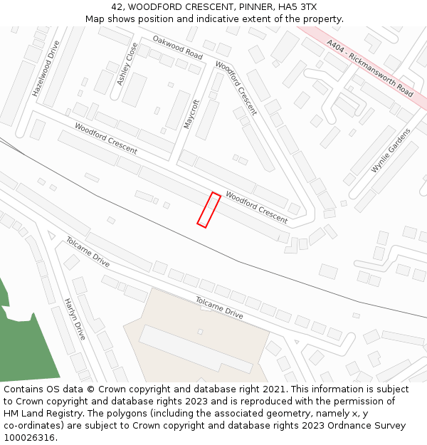 42, WOODFORD CRESCENT, PINNER, HA5 3TX: Location map and indicative extent of plot