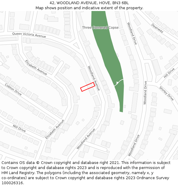 42, WOODLAND AVENUE, HOVE, BN3 6BL: Location map and indicative extent of plot