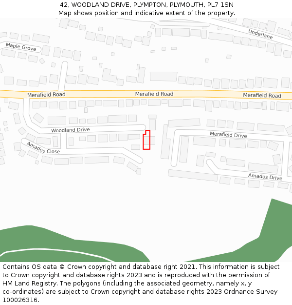 42, WOODLAND DRIVE, PLYMPTON, PLYMOUTH, PL7 1SN: Location map and indicative extent of plot