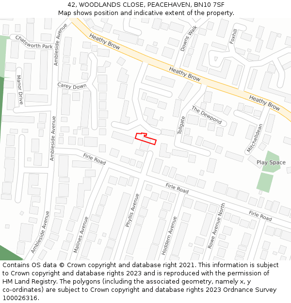 42, WOODLANDS CLOSE, PEACEHAVEN, BN10 7SF: Location map and indicative extent of plot