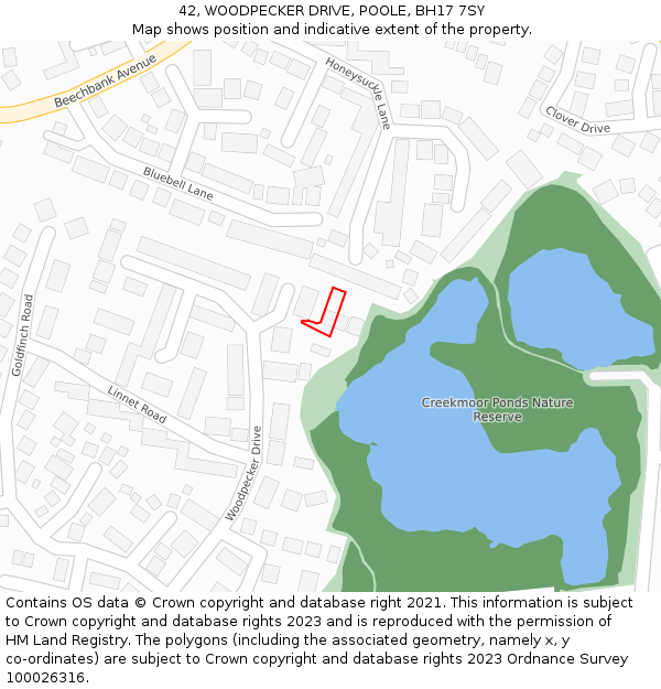 42, WOODPECKER DRIVE, POOLE, BH17 7SY: Location map and indicative extent of plot