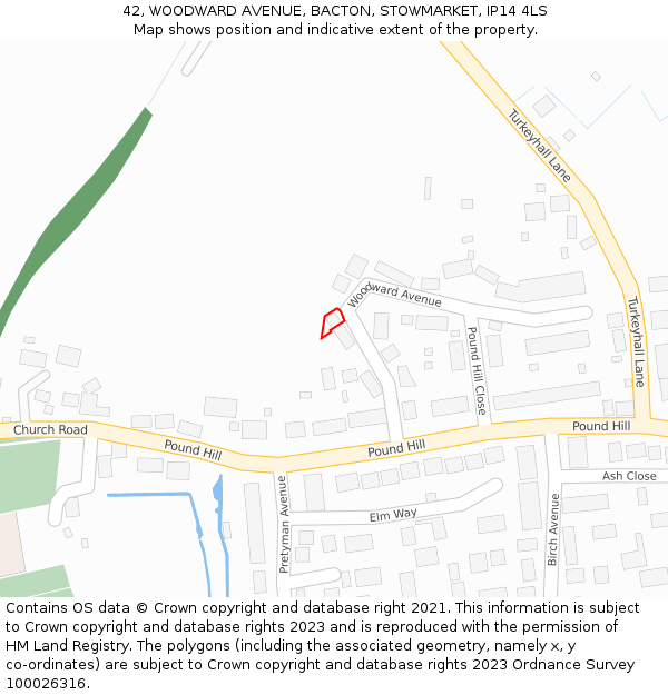 42, WOODWARD AVENUE, BACTON, STOWMARKET, IP14 4LS: Location map and indicative extent of plot