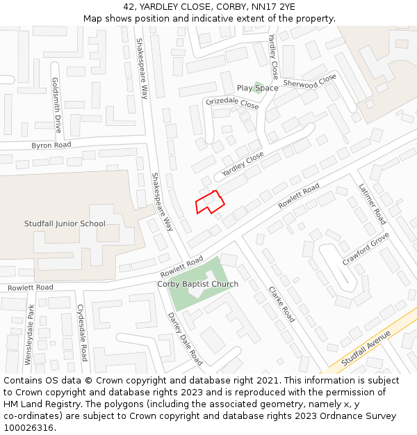 42, YARDLEY CLOSE, CORBY, NN17 2YE: Location map and indicative extent of plot