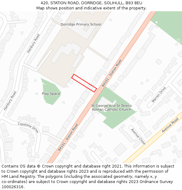 420, STATION ROAD, DORRIDGE, SOLIHULL, B93 8EU: Location map and indicative extent of plot