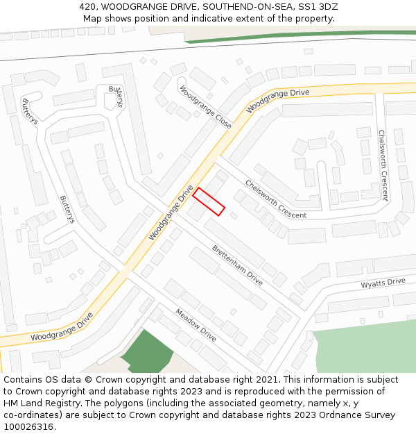 420, WOODGRANGE DRIVE, SOUTHEND-ON-SEA, SS1 3DZ: Location map and indicative extent of plot