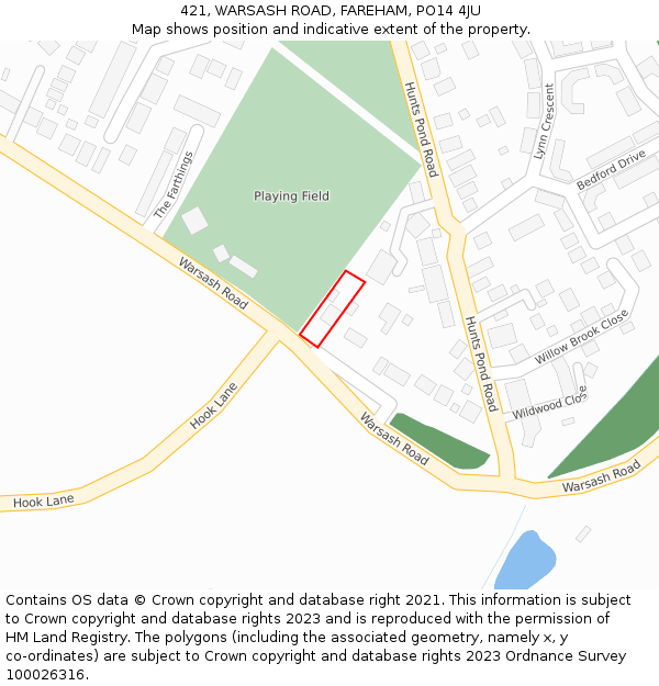 421, WARSASH ROAD, FAREHAM, PO14 4JU: Location map and indicative extent of plot