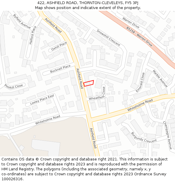 422, ASHFIELD ROAD, THORNTON-CLEVELEYS, FY5 3PJ: Location map and indicative extent of plot