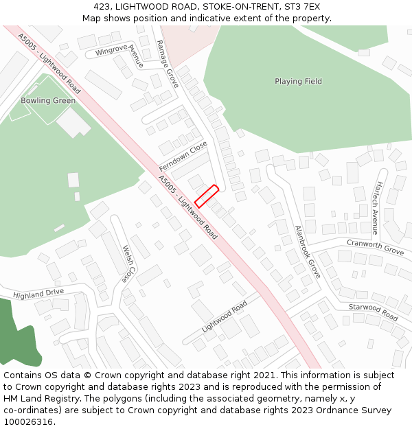 423, LIGHTWOOD ROAD, STOKE-ON-TRENT, ST3 7EX: Location map and indicative extent of plot