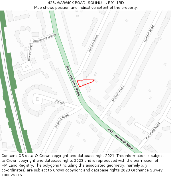 425, WARWICK ROAD, SOLIHULL, B91 1BD: Location map and indicative extent of plot