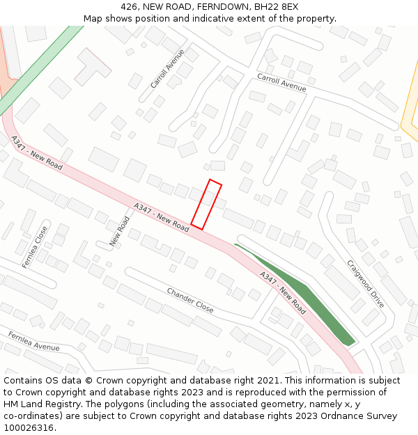 426, NEW ROAD, FERNDOWN, BH22 8EX: Location map and indicative extent of plot