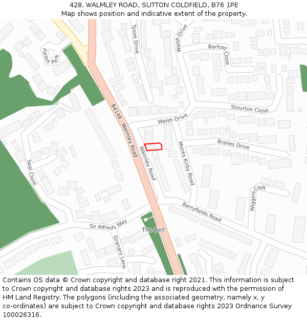 428, WALMLEY ROAD, SUTTON COLDFIELD, B76 1PE: Location map and indicative extent of plot