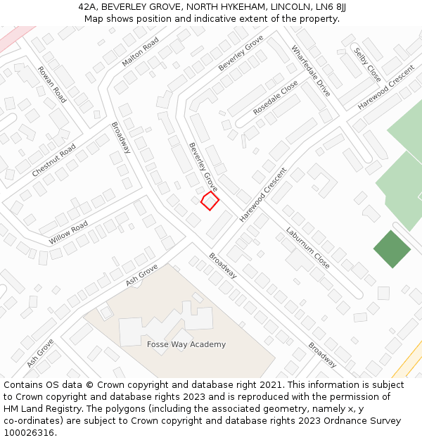 42A, BEVERLEY GROVE, NORTH HYKEHAM, LINCOLN, LN6 8JJ: Location map and indicative extent of plot