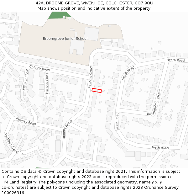 42A, BROOME GROVE, WIVENHOE, COLCHESTER, CO7 9QU: Location map and indicative extent of plot