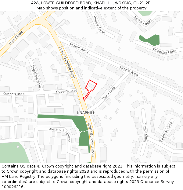 42A, LOWER GUILDFORD ROAD, KNAPHILL, WOKING, GU21 2EL: Location map and indicative extent of plot