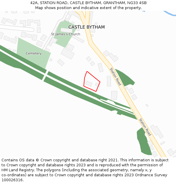 42A, STATION ROAD, CASTLE BYTHAM, GRANTHAM, NG33 4SB: Location map and indicative extent of plot