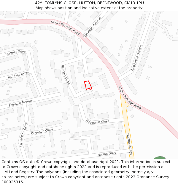 42A, TOMLYNS CLOSE, HUTTON, BRENTWOOD, CM13 1PU: Location map and indicative extent of plot