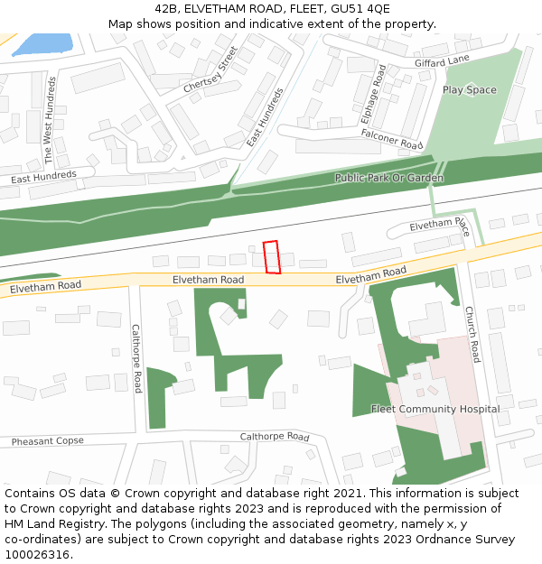 42B, ELVETHAM ROAD, FLEET, GU51 4QE: Location map and indicative extent of plot