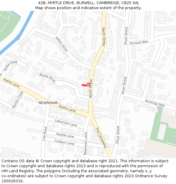 42B, MYRTLE DRIVE, BURWELL, CAMBRIDGE, CB25 0AJ: Location map and indicative extent of plot