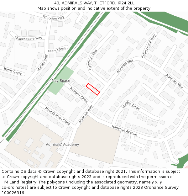 43, ADMIRALS WAY, THETFORD, IP24 2LL: Location map and indicative extent of plot