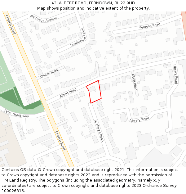 43, ALBERT ROAD, FERNDOWN, BH22 9HD: Location map and indicative extent of plot