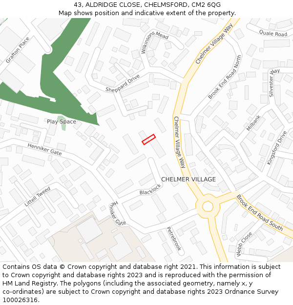 43, ALDRIDGE CLOSE, CHELMSFORD, CM2 6QG: Location map and indicative extent of plot