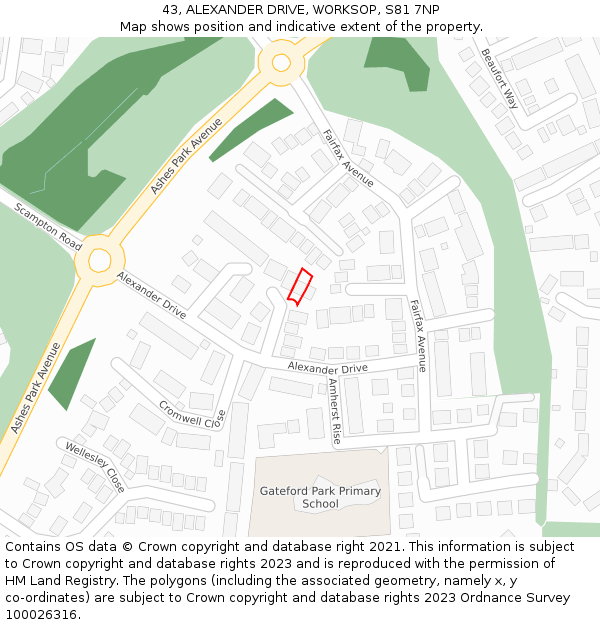 43, ALEXANDER DRIVE, WORKSOP, S81 7NP: Location map and indicative extent of plot