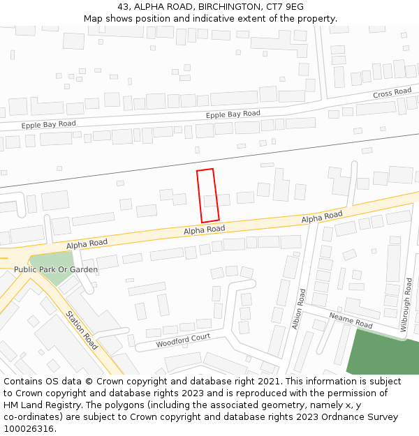 43, ALPHA ROAD, BIRCHINGTON, CT7 9EG: Location map and indicative extent of plot