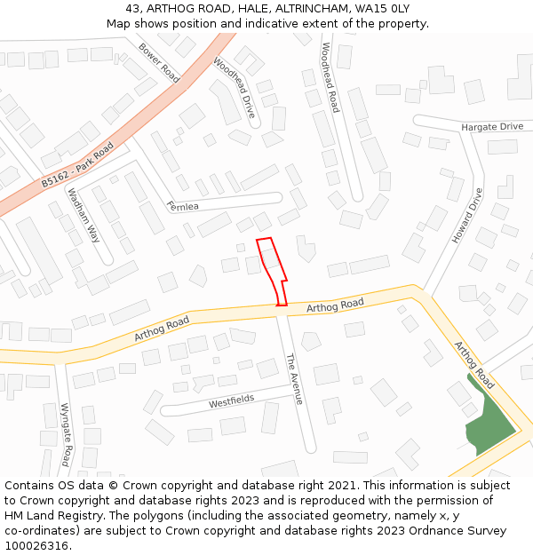 43, ARTHOG ROAD, HALE, ALTRINCHAM, WA15 0LY: Location map and indicative extent of plot