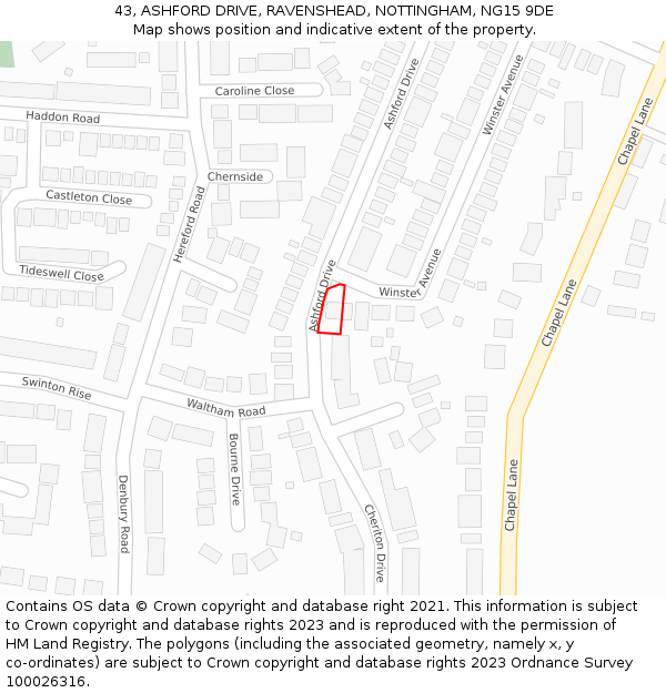 43, ASHFORD DRIVE, RAVENSHEAD, NOTTINGHAM, NG15 9DE: Location map and indicative extent of plot