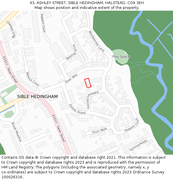 43, ASHLEY STREET, SIBLE HEDINGHAM, HALSTEAD, CO9 3EH: Location map and indicative extent of plot