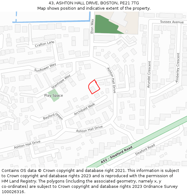 43, ASHTON HALL DRIVE, BOSTON, PE21 7TG: Location map and indicative extent of plot