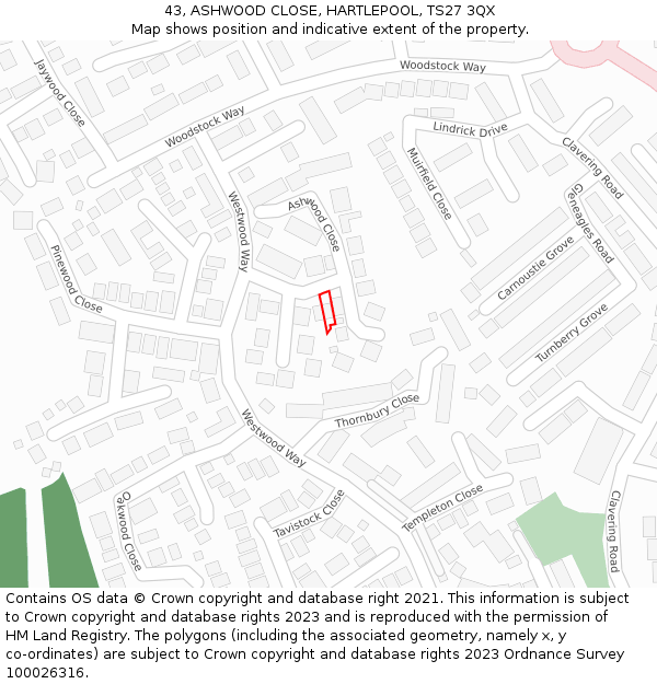 43, ASHWOOD CLOSE, HARTLEPOOL, TS27 3QX: Location map and indicative extent of plot