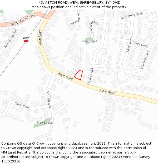 43, ASTON ROAD, WEM, SHREWSBURY, SY4 5AZ: Location map and indicative extent of plot