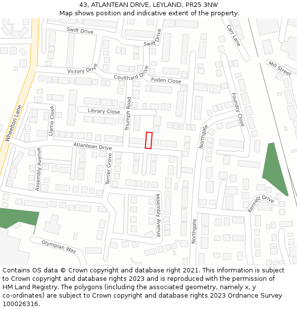 43, ATLANTEAN DRIVE, LEYLAND, PR25 3NW: Location map and indicative extent of plot