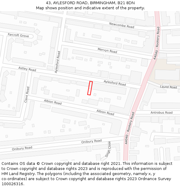 43, AYLESFORD ROAD, BIRMINGHAM, B21 8DN: Location map and indicative extent of plot