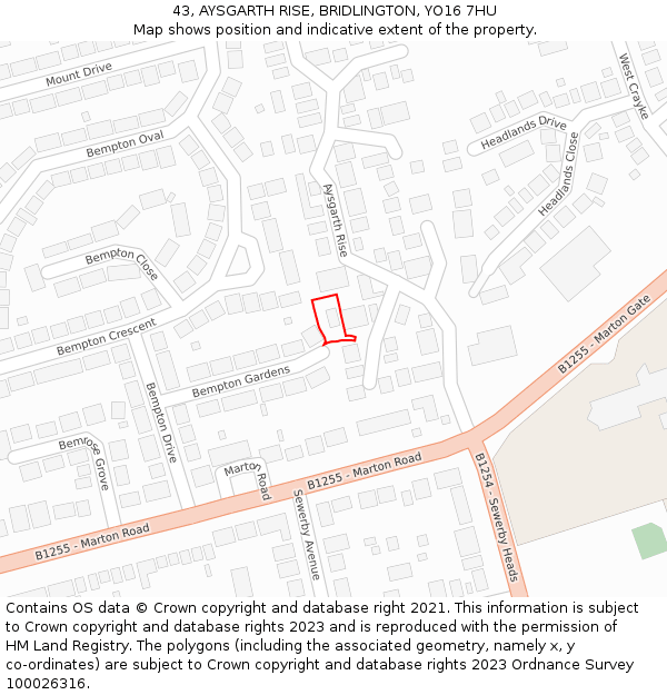 43, AYSGARTH RISE, BRIDLINGTON, YO16 7HU: Location map and indicative extent of plot