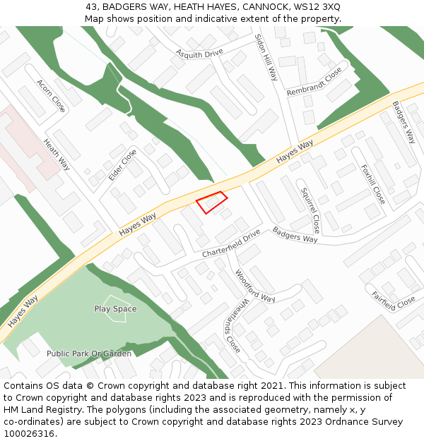 43, BADGERS WAY, HEATH HAYES, CANNOCK, WS12 3XQ: Location map and indicative extent of plot