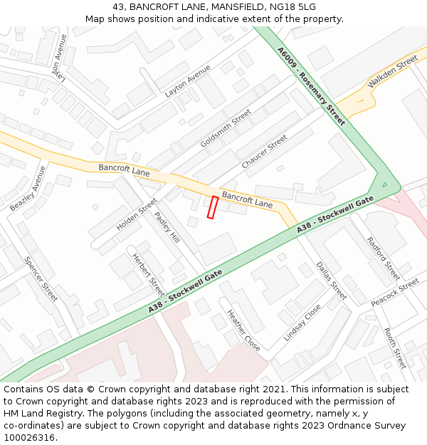 43, BANCROFT LANE, MANSFIELD, NG18 5LG: Location map and indicative extent of plot