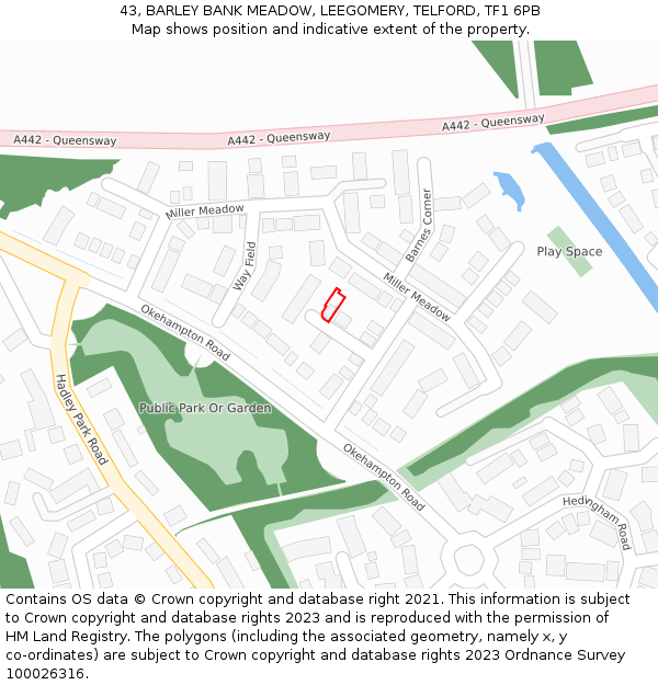 43, BARLEY BANK MEADOW, LEEGOMERY, TELFORD, TF1 6PB: Location map and indicative extent of plot
