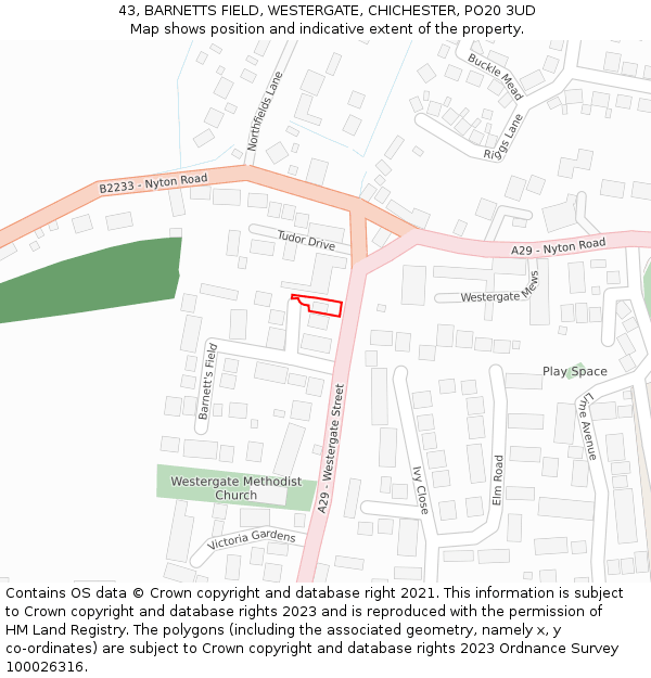 43, BARNETTS FIELD, WESTERGATE, CHICHESTER, PO20 3UD: Location map and indicative extent of plot