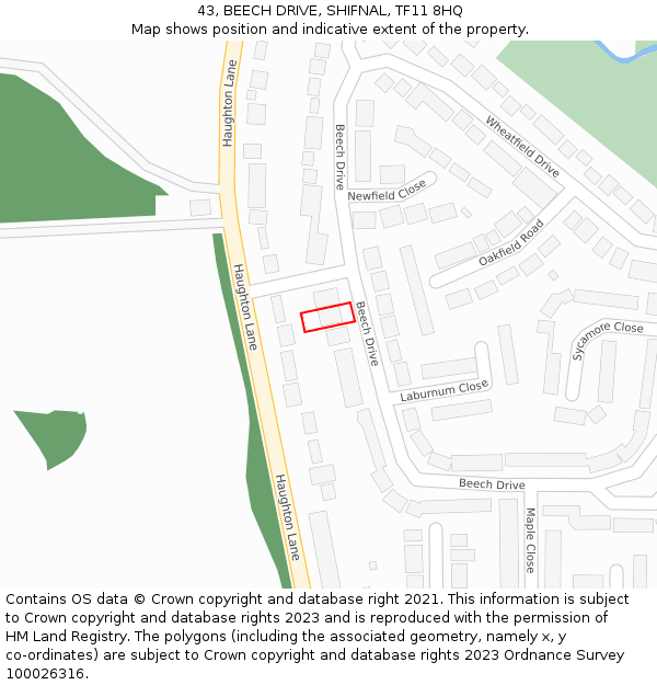 43, BEECH DRIVE, SHIFNAL, TF11 8HQ: Location map and indicative extent of plot