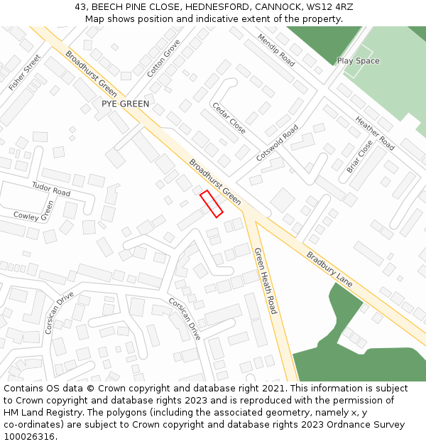 43, BEECH PINE CLOSE, HEDNESFORD, CANNOCK, WS12 4RZ: Location map and indicative extent of plot