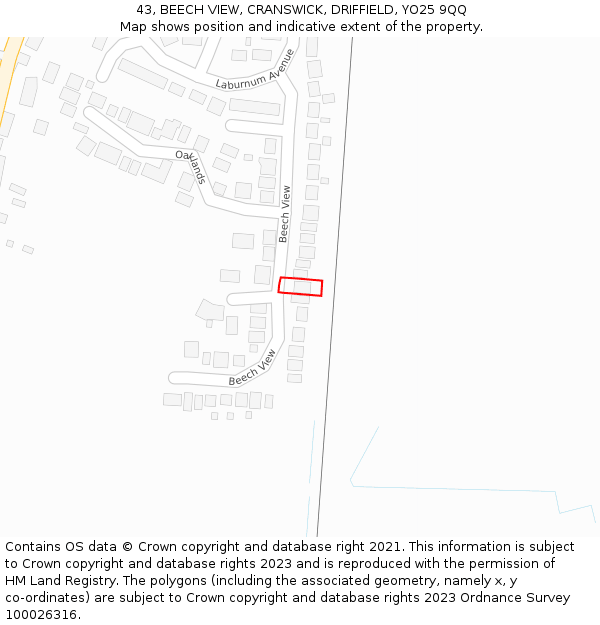 43, BEECH VIEW, CRANSWICK, DRIFFIELD, YO25 9QQ: Location map and indicative extent of plot