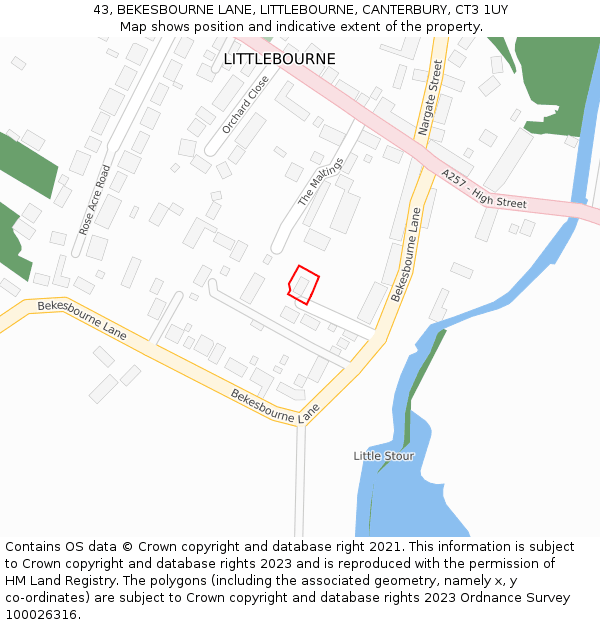 43, BEKESBOURNE LANE, LITTLEBOURNE, CANTERBURY, CT3 1UY: Location map and indicative extent of plot