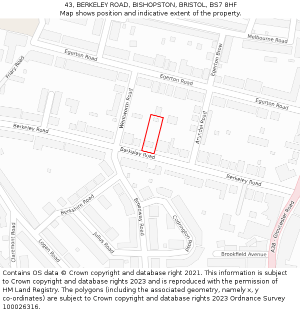 43, BERKELEY ROAD, BISHOPSTON, BRISTOL, BS7 8HF: Location map and indicative extent of plot