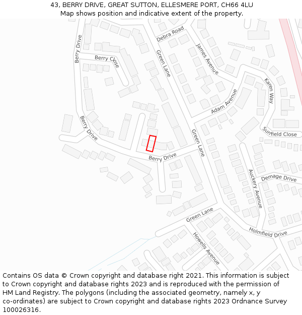 43, BERRY DRIVE, GREAT SUTTON, ELLESMERE PORT, CH66 4LU: Location map and indicative extent of plot