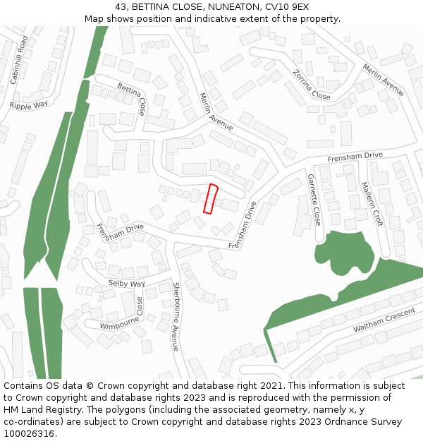43, BETTINA CLOSE, NUNEATON, CV10 9EX: Location map and indicative extent of plot