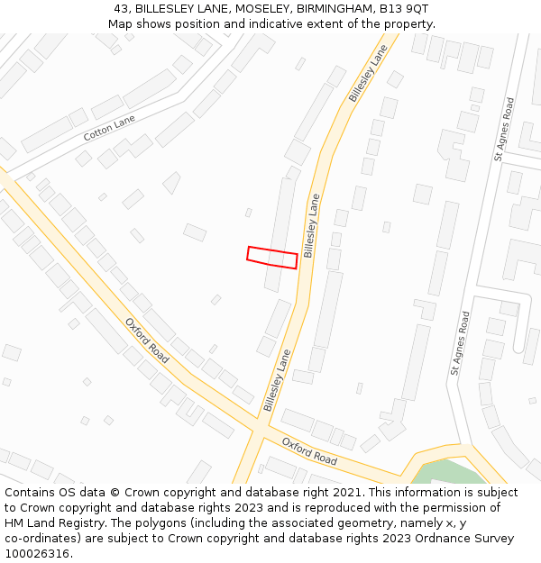 43, BILLESLEY LANE, MOSELEY, BIRMINGHAM, B13 9QT: Location map and indicative extent of plot